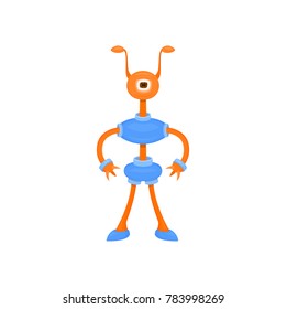 Cute alien cyborg with horns and one eye. Vector cartoon illustration for children's parties and celebrations.