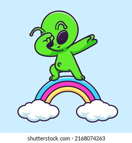 Cute Alien Dabbing On Rainbow Cartoon Vector Icon Illustration Science Technology con Concept Isolated Premium Vector. Flat Cartoon Style