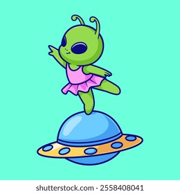 Cute Alien Dancing Ballet On Ufo Cartoon Vector Icon 
Illustration. Science Holiday Icon Concept Isolated Premium 
Vector. Flat Cartoon Style