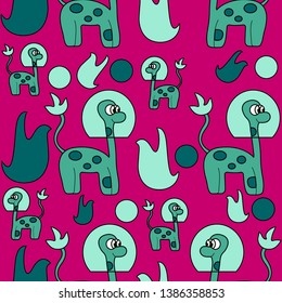 Cute alien dinosaur. Seamless vector pattern