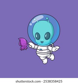 cute alien diving and playing with sea jellyfish Cartoon Vector Icon Illustration. Scene sealife Icon Concept Isolated Premium Vector