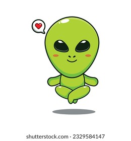 cute alien doing meditation yoga cartoon vector illustration.