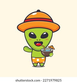 Cute alien drink coconut cartoon vector illustration. 