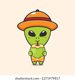 Cute alien drink fresh coconut cartoon vector illustration. 