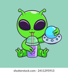 Cute Alien Drinking Boba Milk Tea With Ufo Cartoon Vector
Icon Illustration. Science Drink Icon Concept Isolated 
PremiumVector. Flat Cartoon Style