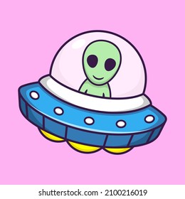 Cute Alien is Driving the Flying UFO in Cartoon. Premium Vector Illustration. Flat Style Concept.