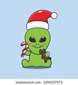 Cute alien eating christmas cookies and candy. Cute christmas cartoon character illustration. 