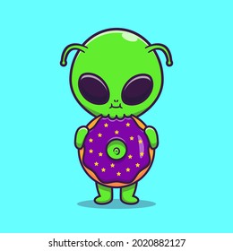 Cute Alien Eating Doughnut Cartoon Vector Icon Illustration. Science Food Icon Concept Isolated Premium Vector. Flat Cartoon Style