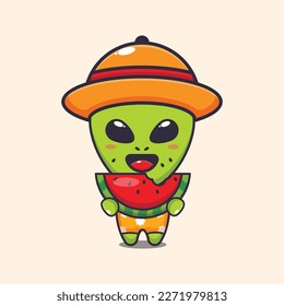 Cute alien eating fresh watermelon cartoon vector illustration. 
