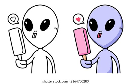 Cute alien eating ice cream coloring page for kids