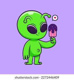 Cute Alien Eating Ice Cream Space Popsicle Cartoon Vector Icon Illustration. Science Food Icon Concept Isolated Premium Vector. Flat Cartoon Style