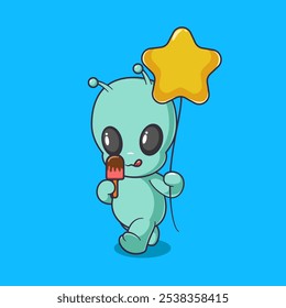 Cute Alien Eating Ice Cream Space Cartoon Vector Icon Illustration. Science Food Icon Concept Isolated Premium Vector