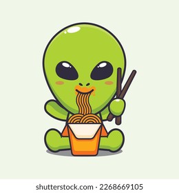 Cute alien eating noodle cartoon vector illustration. Vector cartoon Illustration suitable for poster, brochure, web, mascot, sticker, logo and icon.