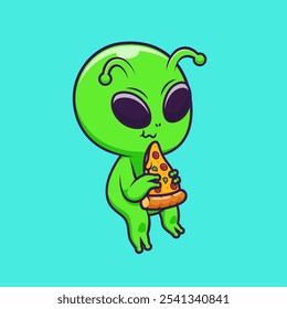 Alien lindo que come la ilustración del icono del Vector de la historieta de la pizza. 
Ciencia Icono de comida Concepto aislado Premium Vector. Plano 
Estilo de dibujos animados 