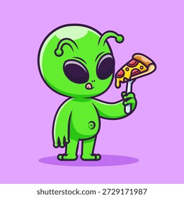 Cute Alien Eating Pizza With Fork Cartoon Vector Icon Illustration. Animal Food Icon Concept Isolated Premium Vector. Flat Cartoon Style