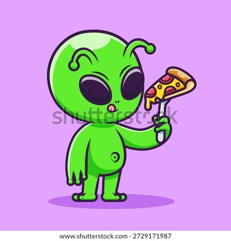 Cute Alien Eating Pizza With Fork Cartoon Vector Icon Illustration. Animal Food Icon Concept Isolated Premium Vector. Flat Cartoon Style