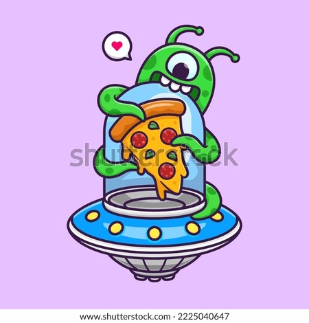 Cute Alien Eating Pizza In UFO Spaceship Cartoon Vector Icon Illustration. Science Food Icon Concept Isolated Premium Vector. Flat Cartoon Style