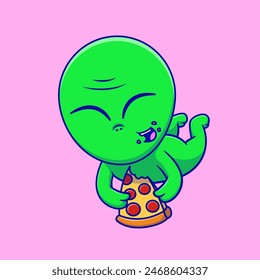 Cute Alien Eating Pizza While Floating Cartoon Vector Illustrations. Flat Cartoon Concept. Suitable for any creative project.