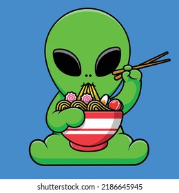 Cute Alien Eating Ramen Noodle Cartoon Vector Icon Illustration. Science Food Flat Cartoon Concept