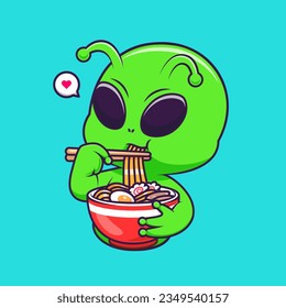 Cute Alien Eating Ramen Noodle Cartoon Vector Icon Illustration. Science Food Icon Concept Isolated Premium Vector. Flat Cartoon Style