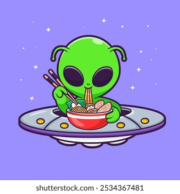 Lindo Alien Comiendo Fideos De Ramen Con Palillo En Ufo 
Ilustración de icono de Vector de dibujos animados. Concepto de icono de comida de Ciencia 
Vector Premium aislado. Estilo plano de la historieta