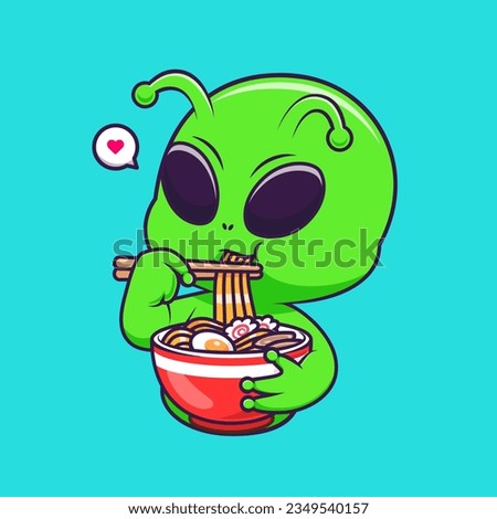 Cute Alien Eating Ramen Noodle Cartoon Vector Icon Illustration. Science Food Icon Concept Isolated Premium Vector. Flat Cartoon Style