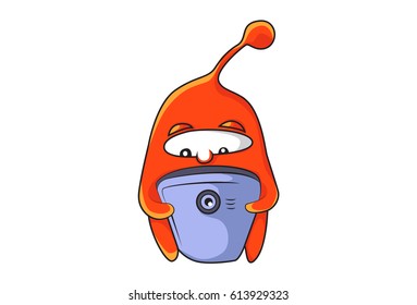 Cute Alien Emoji Seeing in the mobile. Vector Illustration. Isolated on white background.