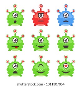 Cute alien emoticon set, vector illustration.