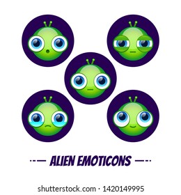 Cute alien emoticons. Isolated vector cartoon illustration