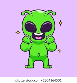 Cute Alien Excited Cartoon Vector Icon Illustration. Science Technology Icon Concept Isolated Premium Vector. Flat Cartoon Style