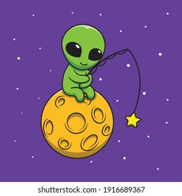 Cute alien fishing on moon cartoon illustration