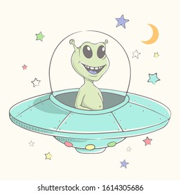 Cute alien flies in flying saucer