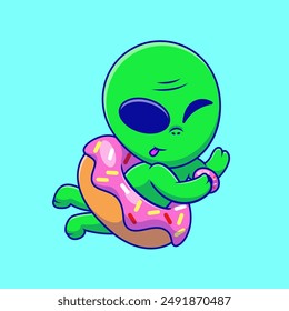 Cute Alien Floating In A Donut Cartoon Vector Icon Illustration. Science Food. Flat Cartoon Concept.