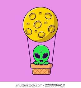 Cute Alien Floating With Hot Air Balloon Moon Cartoon Vector Icons Illustration. Flat Cartoon Concept. Suitable for any creative project.