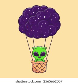 Cute Alien Floating With Hot Air Balloon Cloud Space Cartoon 
Vector Icon Illustration. Science Technology Icon Concept 
Isolated Premium Vector. Flat Cartoon Style 