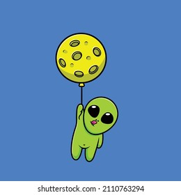 Cute Alien Floating With Moon Balloon Cartoon Vector Icon Illustration. Science Fantasy Icon Concept Isolated Premium Vector. Flat Cartoon Style