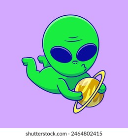 Cute Alien Floating With Planet Cartoon Vector Icons Illustration. Flat Cartoon Concept. Suitable for any creative project.