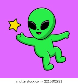 Cute Alien Floating With Star Cartoon Vector Icons Illustration. Flat Cartoon Concept. Suitable for any creative project.