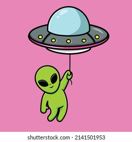 Cute Alien Floating With Ufo Cartoon Vector Icon Illustration. Animal Nature Icon Concept Isolated Premium Vector. Flat Cartoon Style