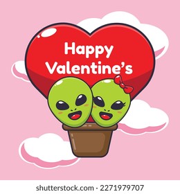 Cute alien fly with air balloon in valentine's day cartoon vector Illustration.