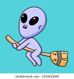 cute alien with flying broom cartoon design