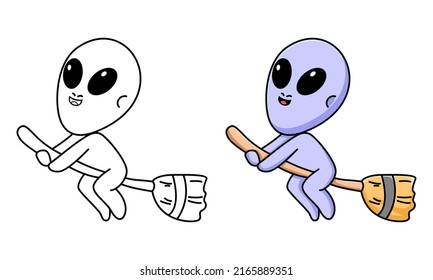 cute alien with flying broom coloring page for kids