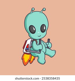 Cute alien Flying With jetpack Cartoon Vector Icon Illustration. Science Technology Icon Concept Isolated Premium Vector