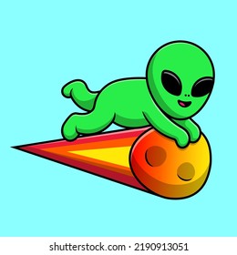 Cute Alien Flying With Meteorite Cartoon Vector Icon Illustration. Flat Cartoon Concept