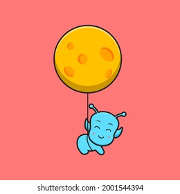 Cute alien flying with moon cartoon vector icon illustration.Design isolated. Flat cartoon style.