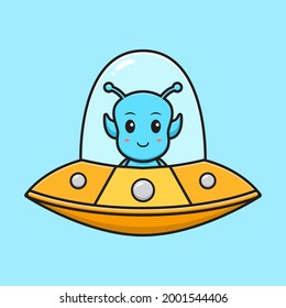 Cute alien flying with moon cartoon vector icon illustration.Design isolated. Flat cartoon style.