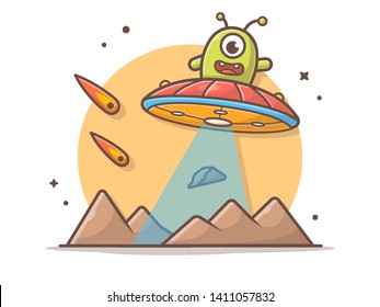 Cute Alien Flying on Planet with UFO and Meteorite Space Vector Illustration. Flat Cartoon Style Suitable for Web Landing Page,  Banner, Flyer, Sticker, Wallpaper, Card, Background