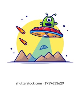 Cute Alien Flying on Planet with UFO and Meteorite Space Cartoon Vector Icon Illustration. Science Technology Icon Concept Isolated Premium Vector. Flat Cartoon Style