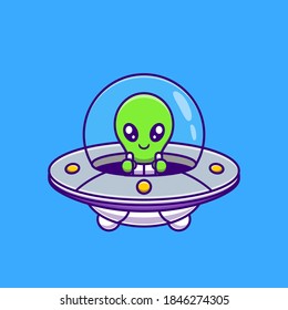 Cute Alien Flying With Spaceship Ufo Cartoon Vector Icon Illustration. Science Technology Icon Concept Isolated Premium Vector. Flat Cartoon Style