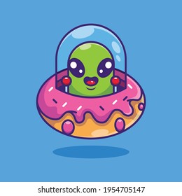 Cute alien flying with spaceship ufo doughnut cartoon
